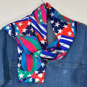 Honey Vintage Silk Scarf Red Blue Green Star Print 50x10 Y2K